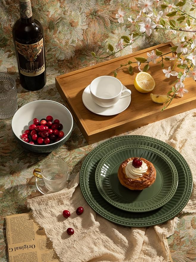 famiware 16 Pieces Plates and Bowls Dinnerware Sets for 4 Multicolor &amp Green