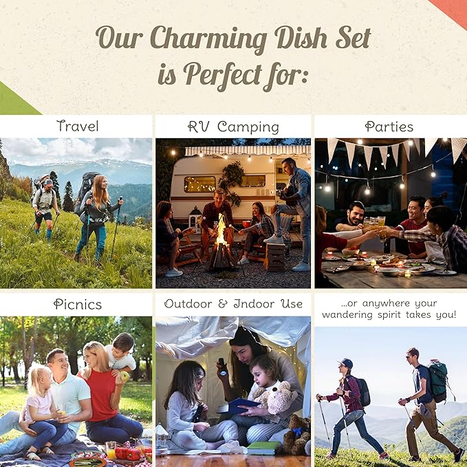 Camping Plates Cups and Bowls Set - 8-pc Wheat Straw Dinnerware Sets - 2 Bowls 2 Cups 2 Small &amp 2 Large Indoor/Outdoor RV Dishes - BPA Free Dishwasher &amp Microwave Safe Camp Casual (Rustic R