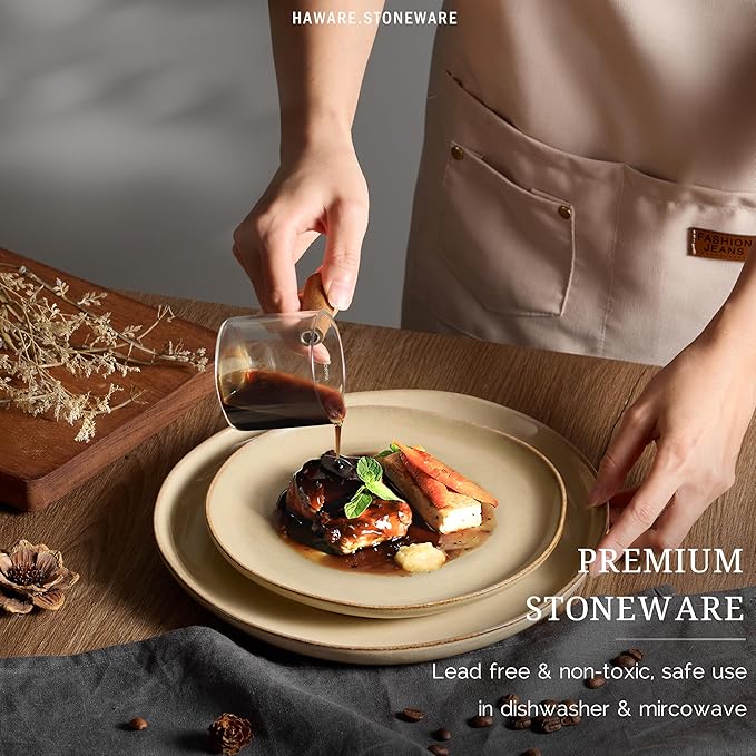 HaWare Dinnerware Sets 24-Piece Stoneware Plates and Bowls Set Dish Set for 8 Ceramic Dishware for Home Restaurant Chip and Scratch Resistant Microwave and Dishwasher Safe Reactive Sandy Khaki