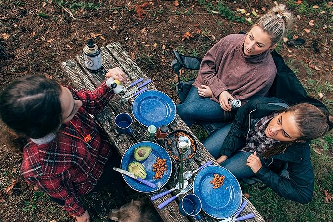 Stansport Deluxe 24-Piece Enamel Tableware Set - Enamel Plates and Bowls Lightweight and Durable Camp Dish Set for Camping and Backpacking Plates and Bowls for 4 People