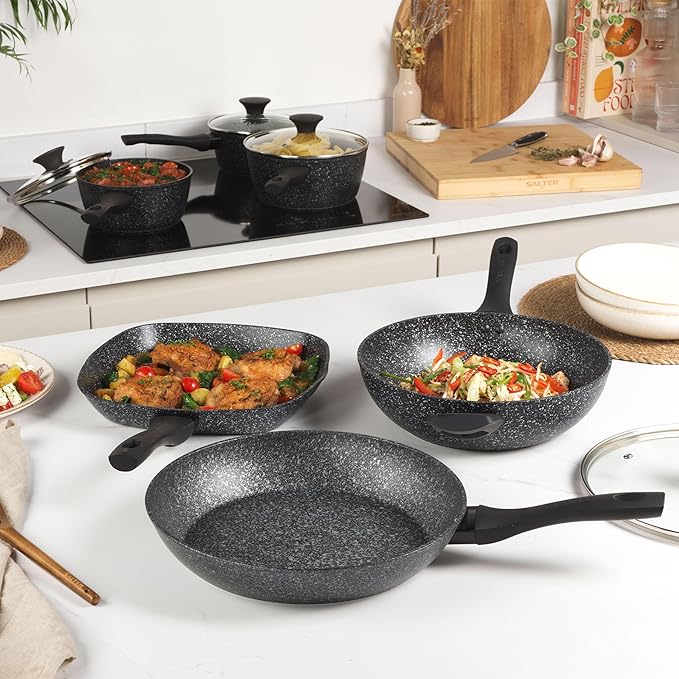 Salter BW05751S Megastone 3 Piece Pan Set - Non-Stick Cooking Pots Induction Hob Suitable 16/18/20 cm Saucepans Durable Forged Aluminium Cookware Includes Tempered Glass Lids Dishwasher Safe