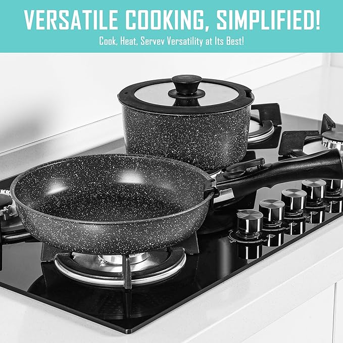 15-Piece Premium Nonstick Cookware Set – Marble Coated Pots &amp Pans (Interior &amp Exterior) Removable Handle Space-Saving for RVs &amp Small Kitchens Induction &amp Oven Safe PFOA-Free