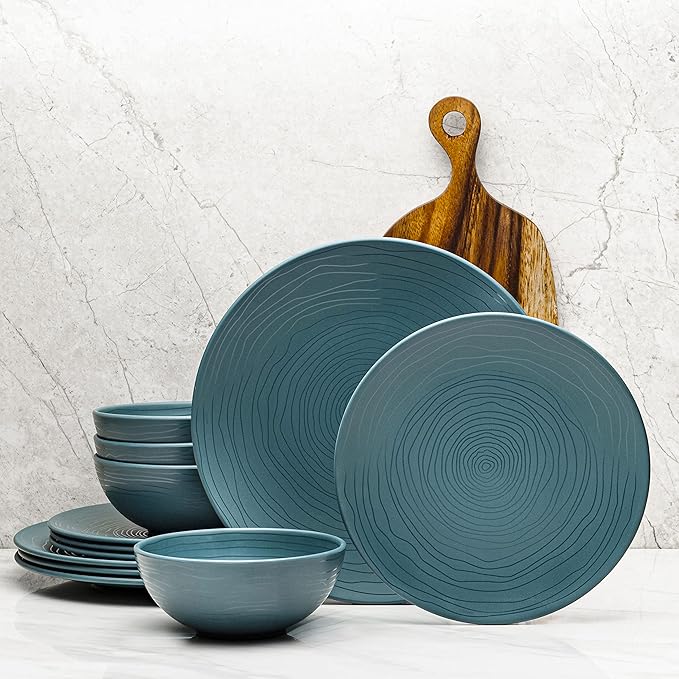 Bzyoo 12 Piece Melamine Dinnerware Set - Durable Dishwasher Safe Plates and Bowls - Casual Dining Parties Blue Dish Set Organica Blue Collection