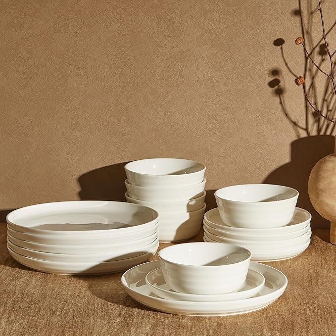 Sweese Plates and Bowls Sets18 Pieces Modern Porcelain Dinnerware Set for 6 Handcrafted Uniqe Dinner Set Ceramic Dishware Dishes Microwave and Dishwasher Safe White