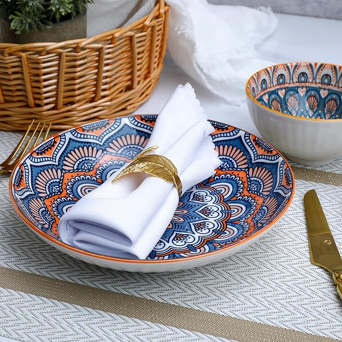 Bohemian Porcelain Dinnerware Set 14-Piece Plates &amp Bowls for 2 Microwave &amp Dishwasher Safe Unique Pattern Gift Set