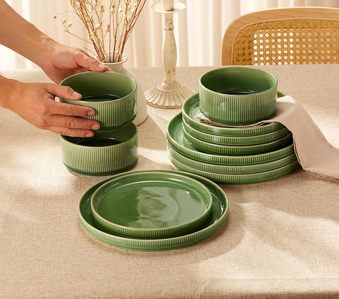 Ceramic Dinnerware Set by Vase and Vessel 12-Piece Service for 4 9.8” Dinner Plates 8” Salad Plates 20 oz Bowls Ombre Reactive Glaze Durable Stoneware Microwave &amp Dishwasher (Moss Green)