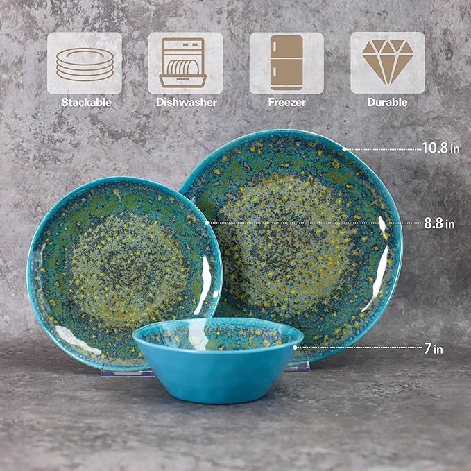 FINE&ampNICE Melamine Dinnerware Set of 12Pcs Dish Set for 4 Lightweight Unbreakable Plates and Bowls Set Great for RVs Camping Dishwasher SafeRusty Blue