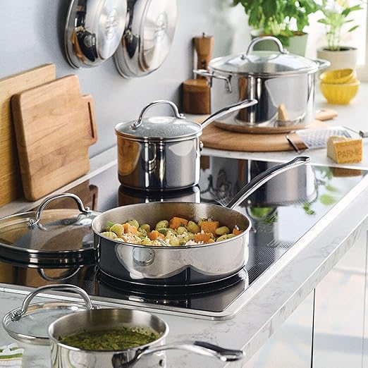 Farberware Millennium Stainless Steel Pots and Pans with Lids Induction Ready Compatible with All Cooktops Metal Utensil Safe 10 Piece Cookware Set Dishwasher Safe - Stainless Steel