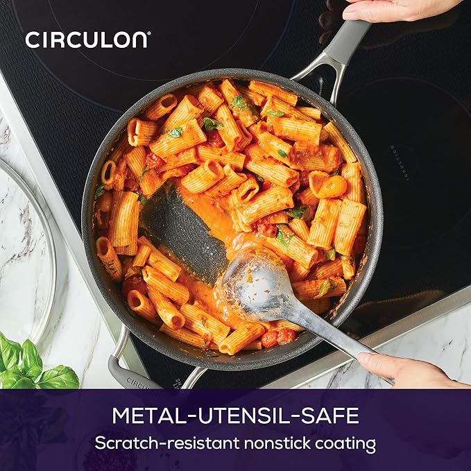 Circulon A1 Series with ScratchDefense Technology Nonstick Induction Sauté Pan with Helper Handle and Lid 5 Quart Graphite