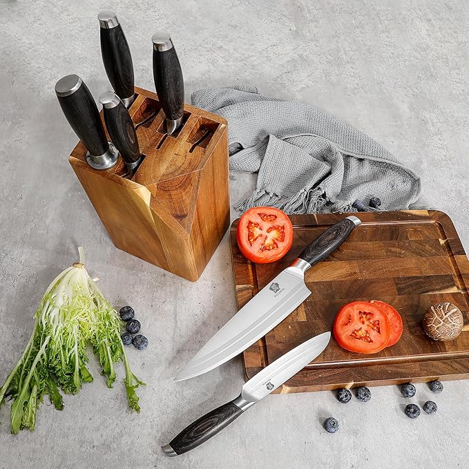 WILDMOK Knife Set 7 Piece Kitchen Knife Set with Block Wooden German Stainless Steel Sharp Chef Knife Set with Sharpener