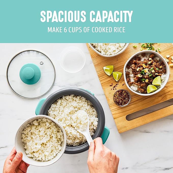 GreenLife Rice Cooker with Removable PFAS-Free Ceramic Nonstick Pot 3-Cups Uncooked/6-Cups Cooked Grains &amp Oatmeal Multicooker Compact One-Switch Design Auto Keep Warm Easy Clean Turquoise