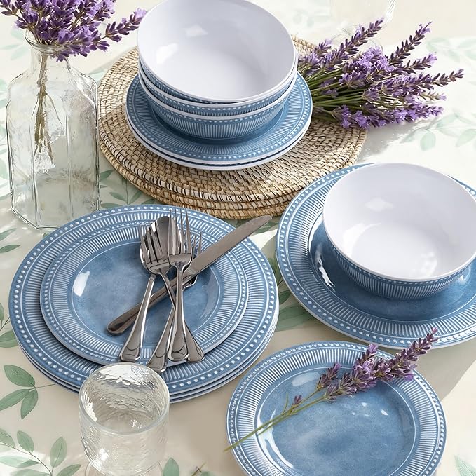 AELS Melamine Dinnerware Set of 12 Pcs Dinner Dishes Set for Indoor and Outdoor Use Melamine Plates and Bowls Set for 4 Dishwasher Safe Lightweight Unbreakable BPA Free Soft Blue