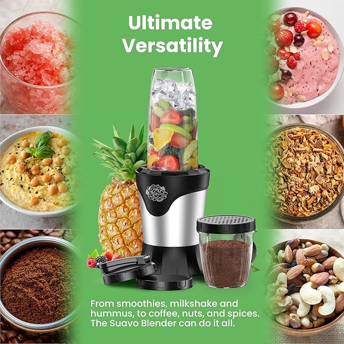 Suavo Smoothie Blender 1100W Portable Personal Blender for Shakes and Smoothies with 2 * 22Oz To-Go Cups &amp Lids Includes Portable Coffee Grinder and 10Oz BPA-Free Travel Cup Countertop Mixer
