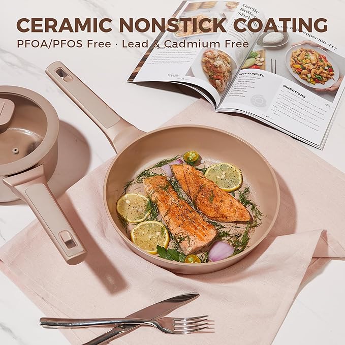 HONGBAKE 26 Pcs Pots and Pans Set Non Stick Non Toxic Ceramic Cooking Set With 10 Silicone Utensils Kitchen Induction Cookware &amp Bakeware Sets with Diamond Texture Pattern PFOA Free Gold