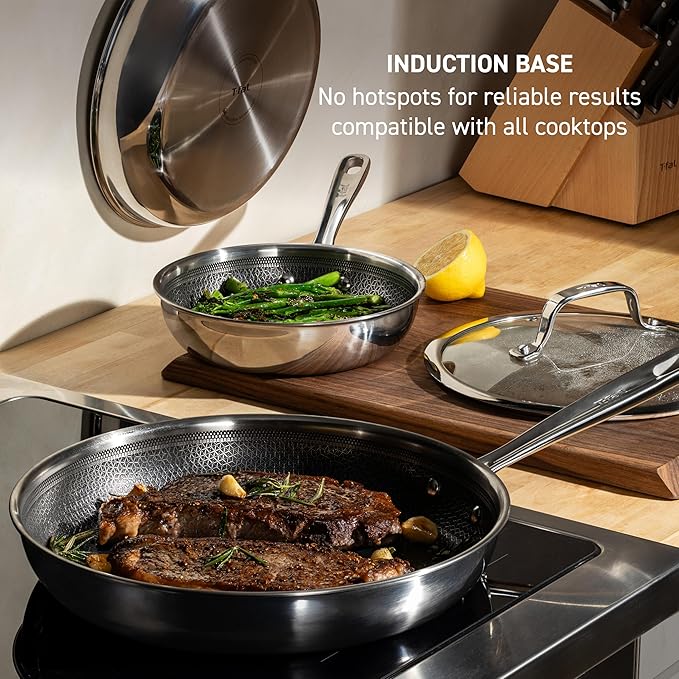 T-fal HybridMesh Tri-Ply Stainless Steel Fry Pan 10.25 Inch Induction Oven Safe 500F Metal Utensil Safe Ideal For Searing Cookware Dishwasher Safe Pots and Pans Needs Pre-Heating Silver/Black