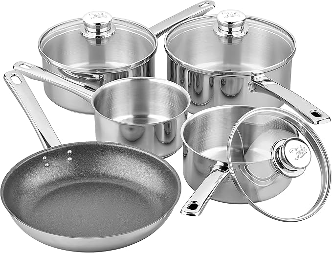 Tala Performance 5 Pc Stainless Steel Cookware Set containing Saucepans Glass lids 16 18 and 20cm. 14cm Milk pan 24cm Non-Stick Fry Pan 5 Pc Set Polished Mirror Shine Finish