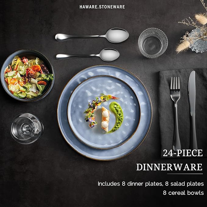 HaWare Dinnerware Sets 24-Piece Plates and Bowls Set Stoneware Dish Set for 8 Ceramic Dinnerware for Home Restaurant Chip and Scratch Resistant Microwave and Dishwasher Safe Reactive Blue
