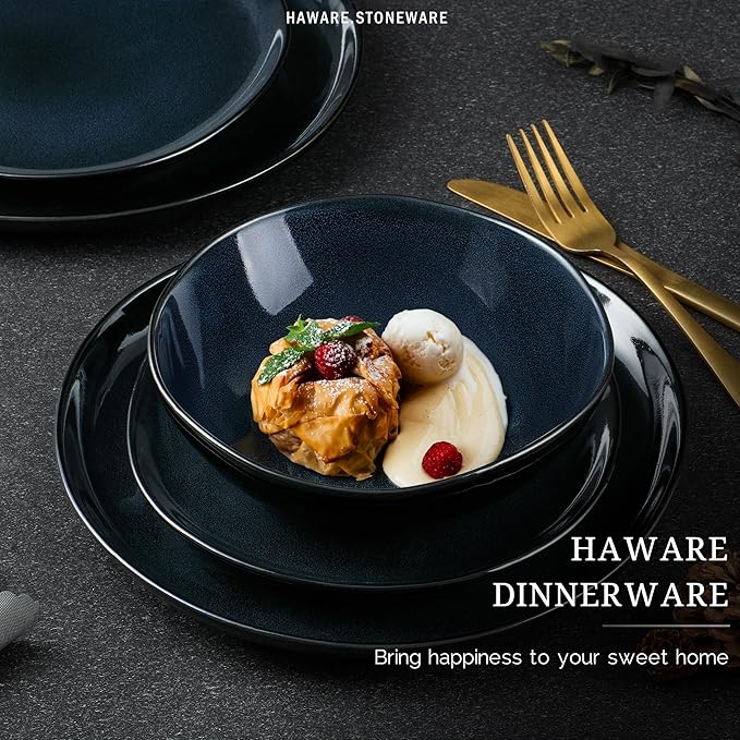 HaWare Plates and Bowls Set Stoneware Dinnerware Sets 18-Piece Hand-painted Dishware for 6 Ceramic Dinner Set for Home Kitchen Microwave and Dishwasher Safe Reactive Starry Blue
