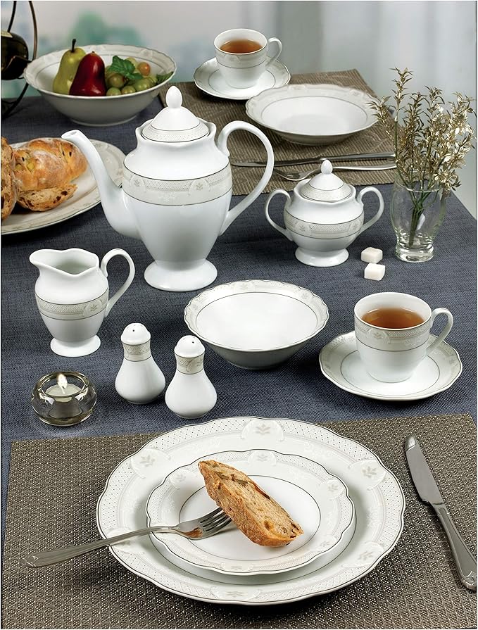 57 Piece Wavy Dinnerware Set-porcelain China Service For 8 People-atara Silver Banded Casual Round Porcelain Dishwasher Safe