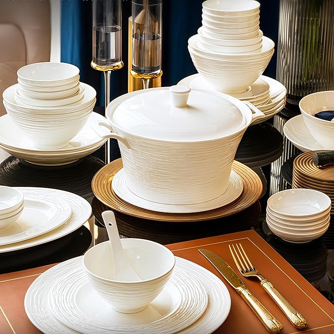 Fine Bone China Dinnerware Set Porcelain &amp Ceramic Dinnerware Sets Bone Stoneware &amp Ceramic Cookware Tableware Set Includes Dinner Plates|Spoons|Pasta Bowls|Soup Pot|Chopsticks (108 Pcs)