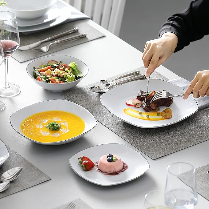 MALACASA Dinnerware Sets 24 Piece Porcelain Square Dishes White with Black Rim Plates and Bowls Sets Ceramic Dish Set for 6 Chip Resistant Dishware Sets Series ELISA