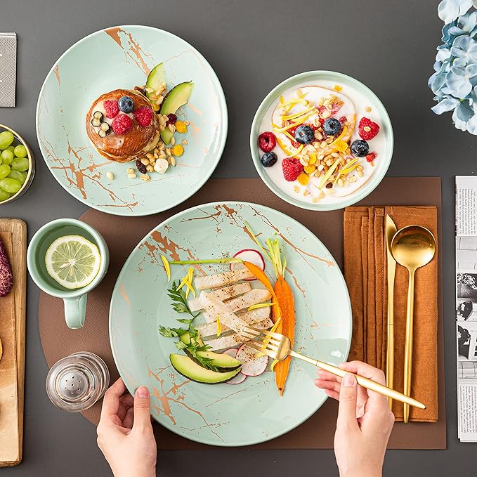Ceramic Tableware Green 16/32/48 Piece Procelain Dinnerware Set Design by Gold Splash with Dinner PlateCake PlateBowlsCoffee Cups32-Piece