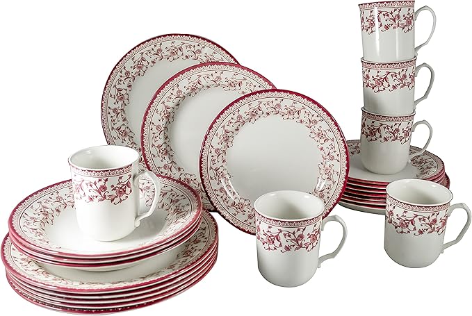 Tudor Royal 24-Piece Round Dinnerware Set Service for 6 Aster Pink Design Red Floral Plates Bowls Mugs Dishes High Gloss Premium Quality