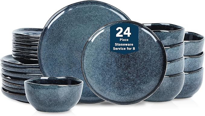 Stone Lain Mirella 24-Piece Stoneware Dinnerware Set Service for 8 – Reactive Glaze Deep Blue – Includes Dinner Plates Salad Plates and Bowls – Modern Organic Design