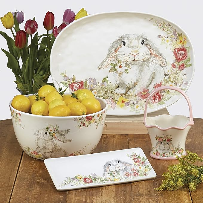 Sweet Bunny 16pc DINNERWARE SET for 4 Ceramic Easter Bunny Plates and Bowls Set Spring Tabletop Collection Durable Glazed Finish Dishwasher Safe Re-Mailer Packaging