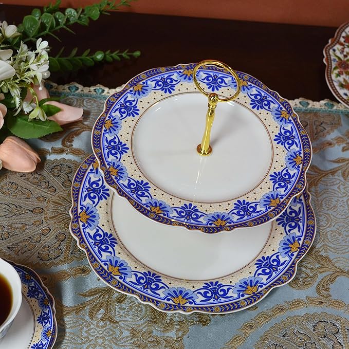 ACMLIFE Bone China Dinnerware Set for 4 2 Tier Cupcake Stand for Dessert Table