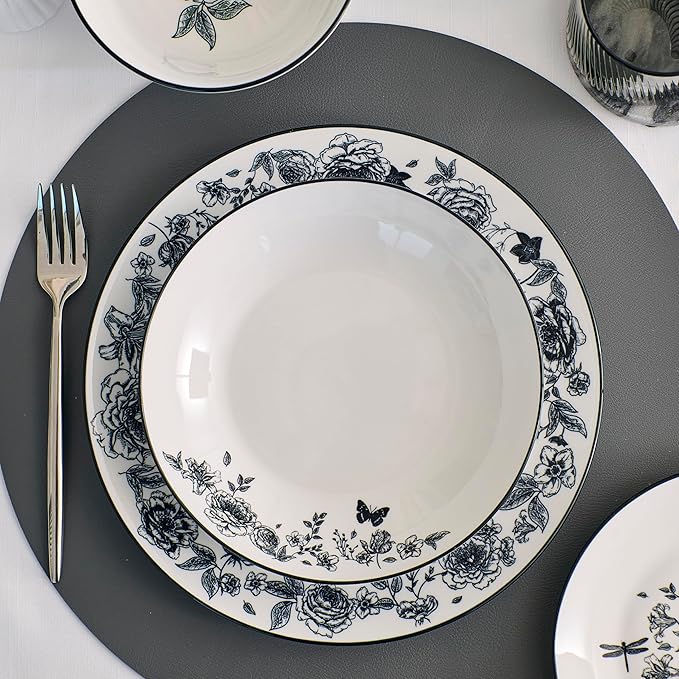 Stone Lain Esme 16-Piece Dinnerware Set Porcelain Plates and Bowls Set Dish Set for 4 Cereal and Pasta Bowls Microwave and Dishwasher Safe Black