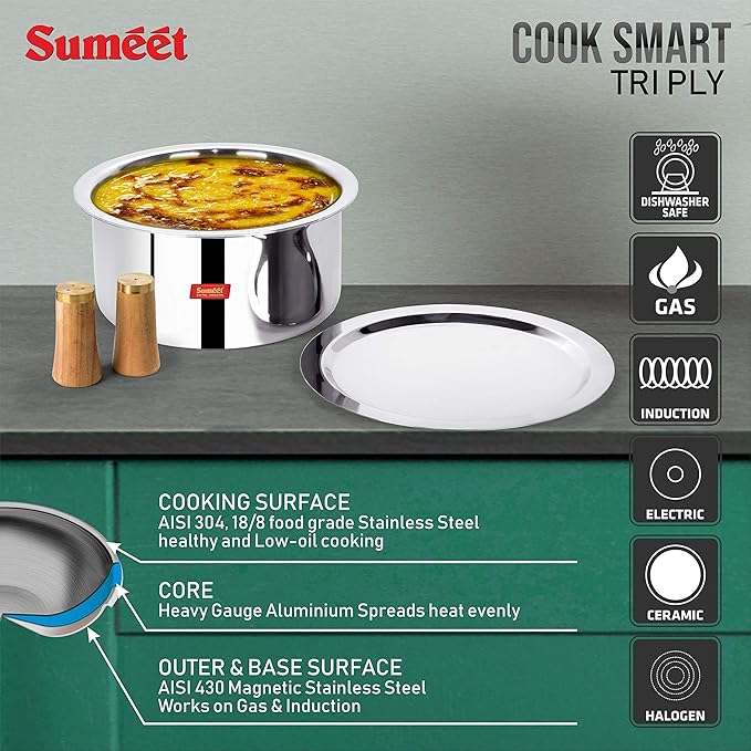 Sumeet Cook Smart TriPly SAS (Steel-Aluminium-Steel - 3 Layers) Tope Set of 3Pcs with Lid - No.18 (2Ltr 18Cm) No. 20(3Ltr 20Cm) No.22 (4Ltr 22Cm)