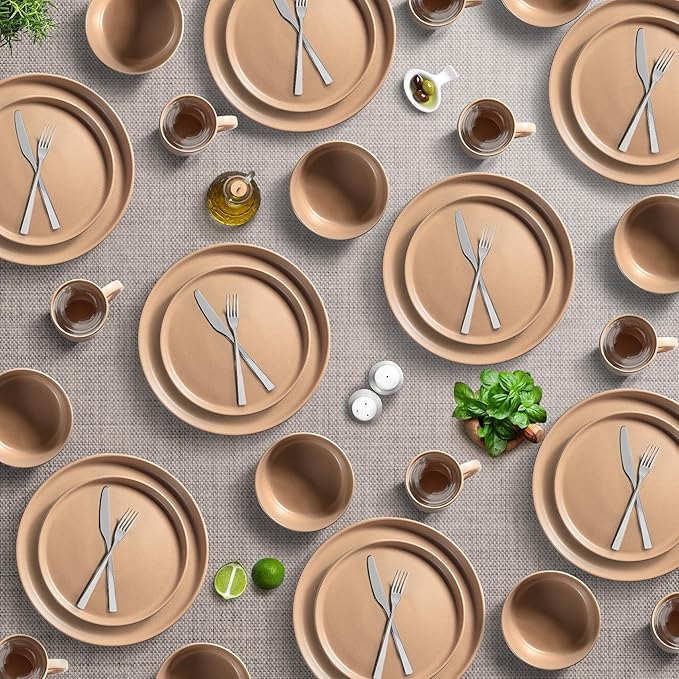 Zulay Kitchen Terra Stoneware 32-Piece Dinnerware Set Artisanal Ceramic Plates and Bowls Set Crafted at 2300℉ - Service for 8 Terracotta Clay