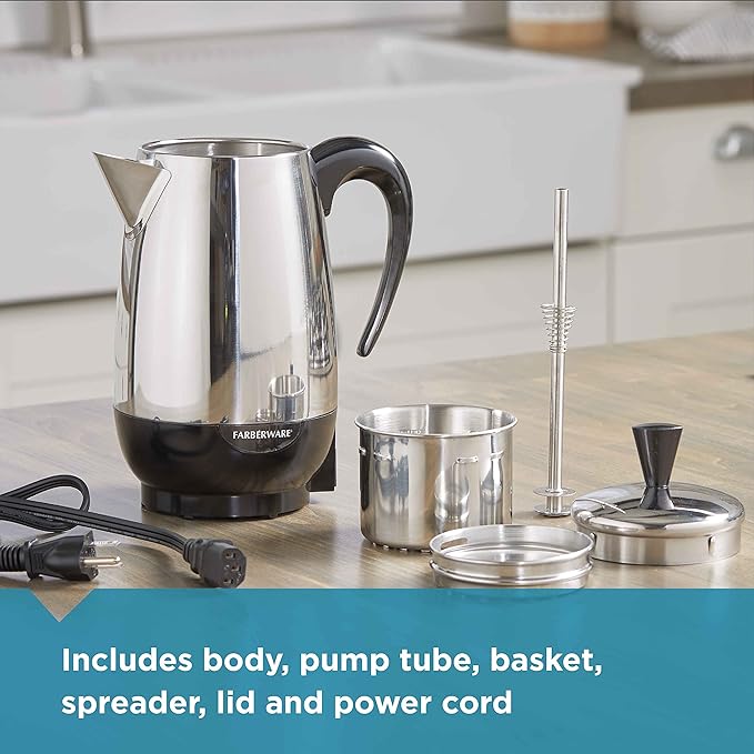 Farberware Electric Coffee Percolator Stainless Steel Basket Automatic Keep Warm No-Drip Spout 8 Cup