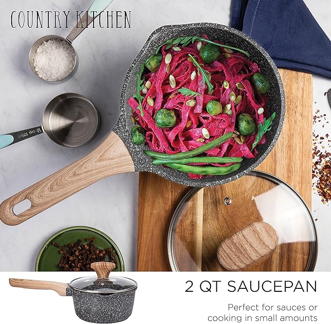 Country Kitchen Non-Stick Cast Aluminum Cookware Set - Durable Kitchen Cookware for Everyday Cooking Speckled Grey 6 Pc.
