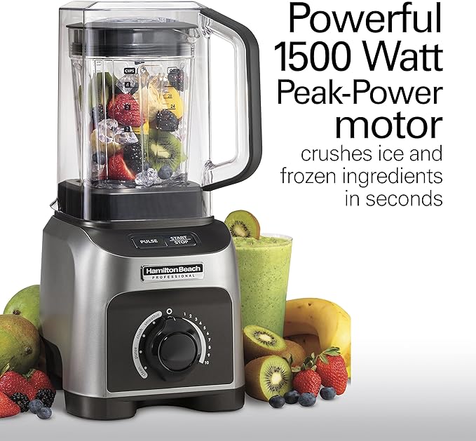 Hamilton Beach Professional Quiet Shield Blender 1500 Watts Peak Power 32oz BPA Free Jar 4 Programs &amp Variable Speed Dial for Smoothies Ice Crush Puree Silver (58870)