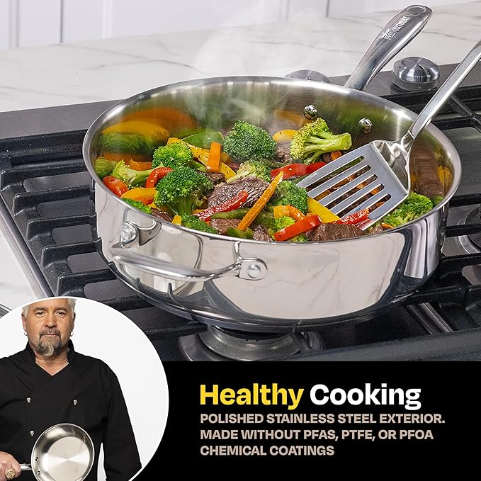 Guy Fieri's Flavortown 5 Qt. Stainless Steel Sautepan with Lid - Premium Three-Layer Cookware Oven-Safe up to 500F