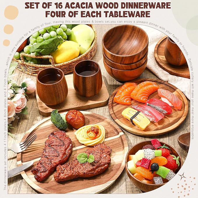 Maxdot 16 Pcs Acacia Wood Dinnerware Set Round Wooden PlatesSolid Wooden Bowls and Tea Cups Acacia Wood Tableware Supplies Easy Cleaning &amp Lightweight for Dishes Snack Dessert Set for 4