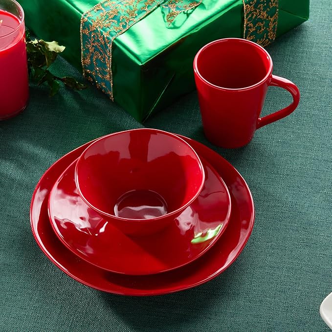 Berry Red Christmas 16pc Dinnerware Set Stoneware Holiday Tableware Service for 4 with Plates Mugs &amp Bowls Mix and Match with Holly and Vines for a Festive Christmas Table