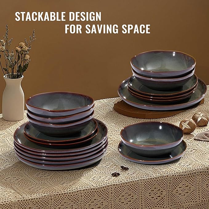 Herogo Stoneware Dinnerware Sets for 8 24 Piece Plates and Bowls Dish Set Irregular Handmade Dinner Ware Dishware for Kitchen Dinning Microwave &amp Dishwasher Safe Lichen Green