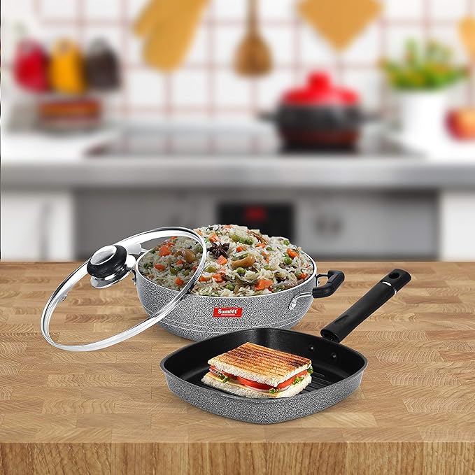 SUMEET Aluminium NonStick Argento Cookware Set (Silver Kadhai with Glass Lid -2Ltr - 22 Cm Grill Pan-22cm Dia)