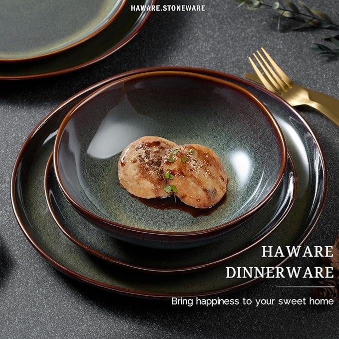 HaWare Dinnerware Sets 24-Piece Stoneware Plates and Bowls Set Dish Set for 8 Ceramic Dishware for Home Restaurant Chip and Scratch Resistant Microwave and Dishwasher Safe Reactive Moss Green