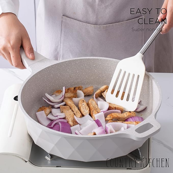 Country Kitchen Non-Stick Cast Aluminum Cookware Set - Durable Kitchen Cookware for Everyday Cooking Cream Diamond 11 Pc.