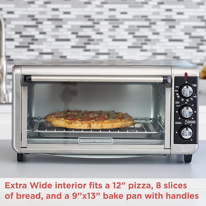 BLACK+DECKER TO3250XSBD 8-Slice Extra Wide Convection Countertop Toaster Oven Includes Bake Pan Broil Rack &amp Toasting Rack Stainless Steel/Black