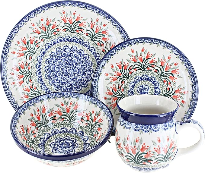 Blue Rose Polish Pottery - Orange Spring Tulip 4 PC Place Setting - Service for 1-1 Place Setting - Great for Everyday Dining Casual Dining or as Formal Dinnerware