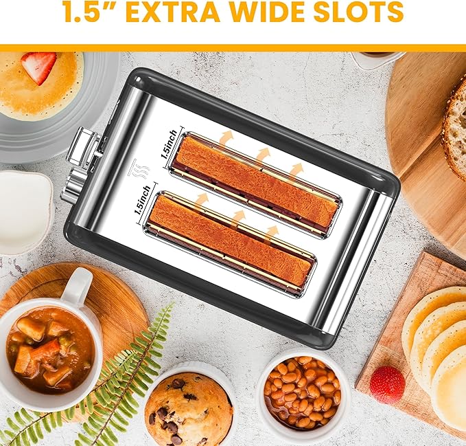 Simple Deluxe 2-Slice Toaster Stainless Steel Toaster 6 Browning Setting and 3 Function Extra Wide Slot &amp Removable Crumb Tray for Bread &amp Waffle Black