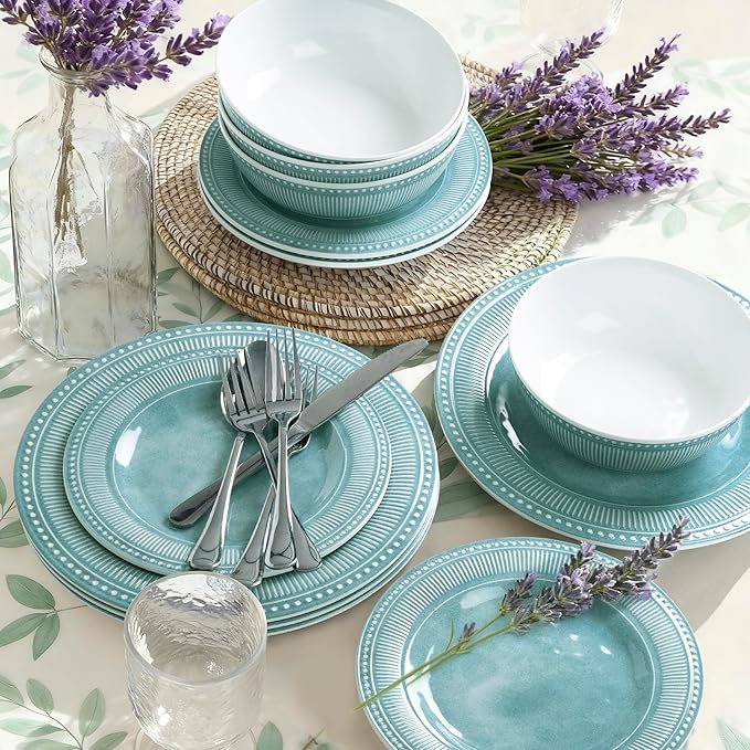AELS Melamine Dinnerware Set of 12 Pcs Dinner Dishes Set for Indoor and Outdoor Use Melamine Plates and Bowls Set for 4 Dishwasher Safe Lightweight Unbreakable BPA Free Green