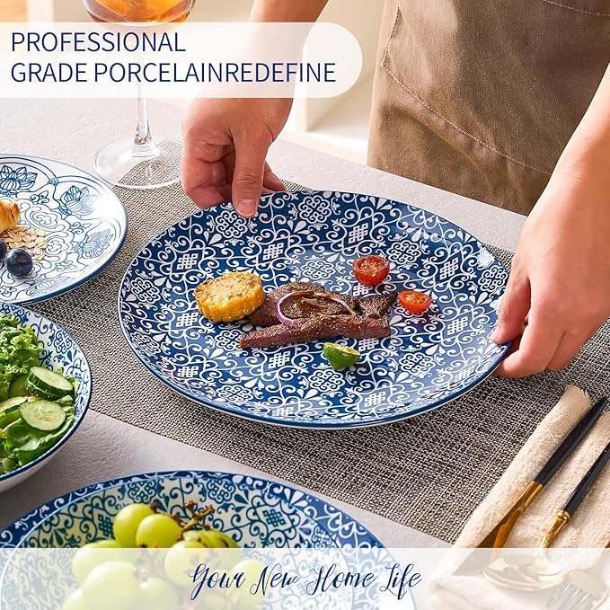 Bestone Porcelain Dinnerware Sets Service for 4 12 pcs Hand drawn Plates and Bowls Sets Handmade Ceramic Dish Set Chip Resistant Modern Plate Set Dishwasher/Microwave SafeVintage Blue