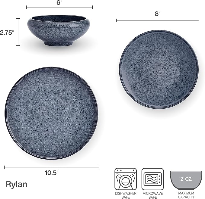 Mikasa Rylan 12 Piece Dinnerware Plate Bowl Set Service for 4 Blue