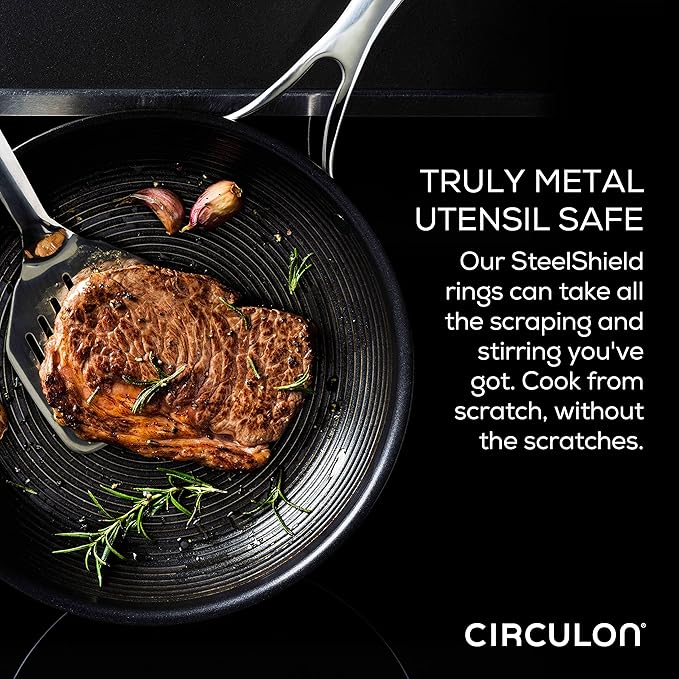 Circulon Clad Stainless Steel Saute Pan with Lid and Hybrid SteelShield and Nonstick Technology 5 Quart - Silver